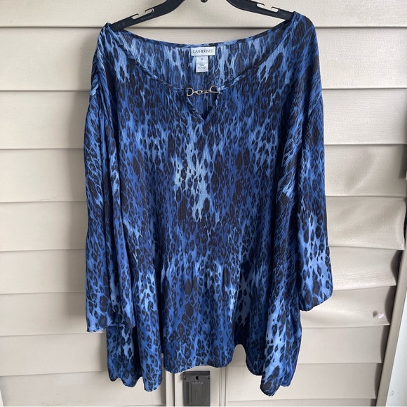 Catherines Tops - Catherines Womens Flare Sleeve Tunic Top Sz 4X Animal Print Blue Mob Wife Mature